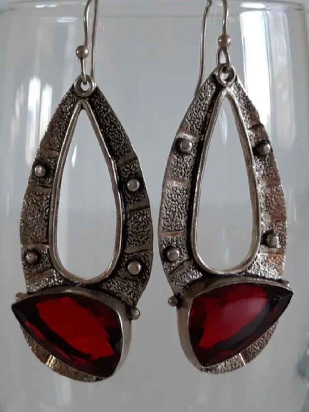 Vintage Brutalist Sterling Silver Bold Red Gemstone Teardrop Pierced Earrings